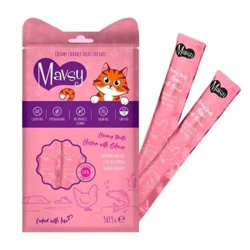 Mavsy Creamy Treats Chicken with Salmon for cats Кремові ласощі для кішок з м'яса курки та філе лосося