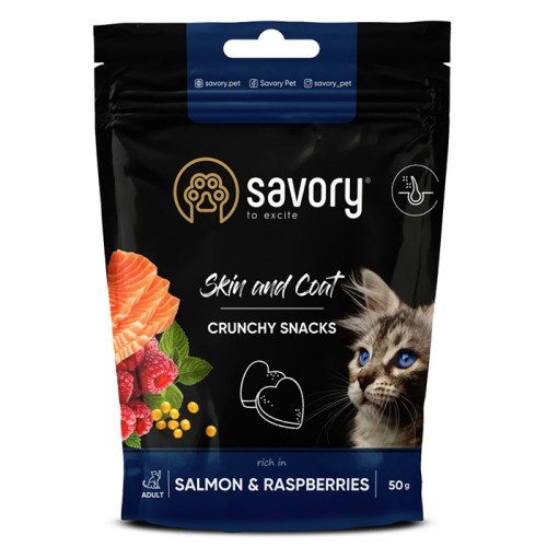 Savory Skin & Coat Crunchy Snack Salmon & Raspberries Хрусткі подушечки з лососем та малиною для здоров'я шкіри та шерсті кішок
