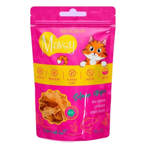 Mavsy Salmon Strips for adult cats Ласощі для кішок міні смужки з в'яленого дикого лосося