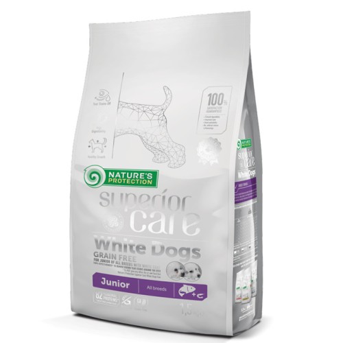 Сухий беззерновий корм Nature's Protection Superior Care White Dogs Grain Free Salmon Junior All Breeds з лососем для цуценят та юніорів всіх порід з білим забарвленням шерсті - 17 кг